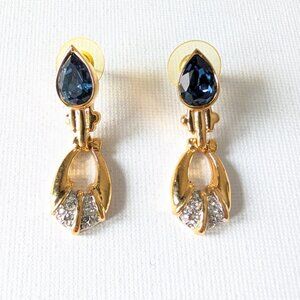 Vintage Gold Tone Sapphire Blue Teardrop Dangle Earrings